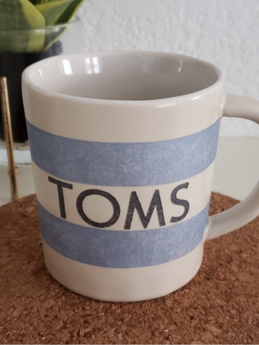 TOMS White Ceramic Mug with Light Blue Stripes